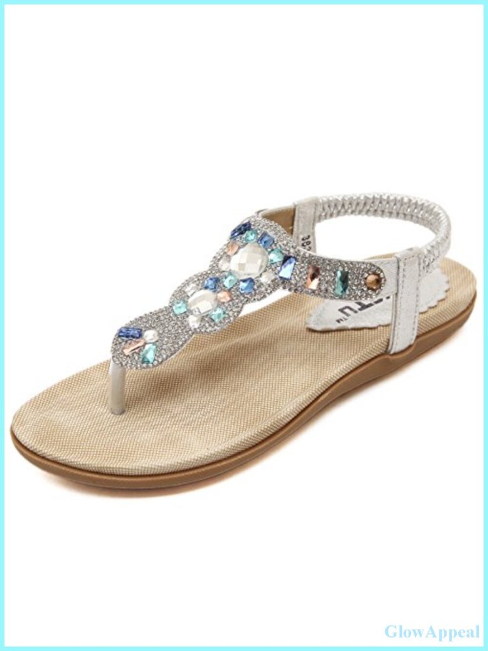Women's Rhinestone Crystal T-Strap Slingback Flat Sandals for Wedding Beach